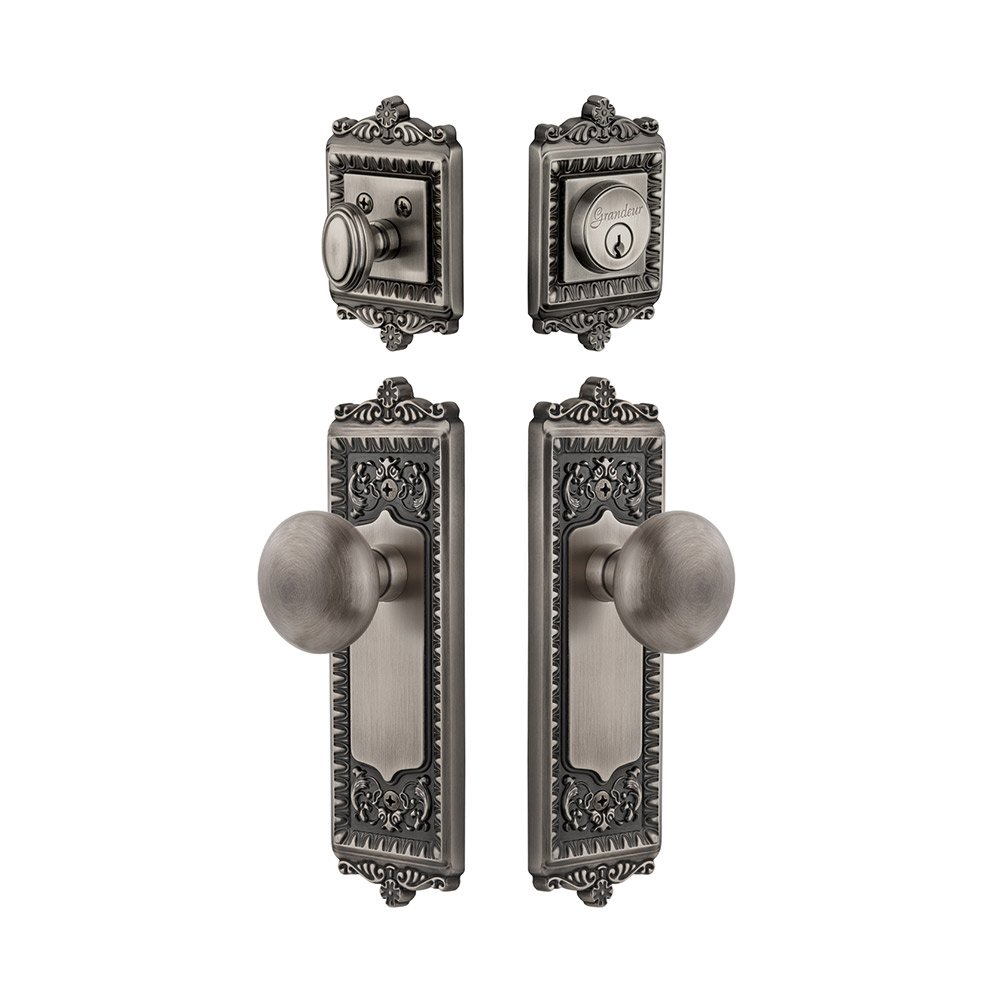Grandeur Windsor Plate With Fifth Avenue Knob & Matching Deadbolt In Antique Pewter