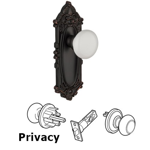 Grandeur Privacy Knob - Grande Victorian Plate with Hyde Park White Porcelain Knob in Timeless Bronze