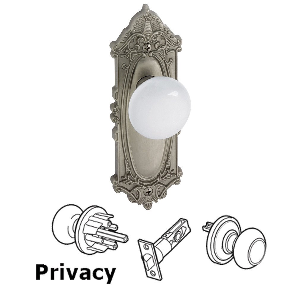 Grandeur Privacy Knob - Grande Victorian Rosette with Hyde Park White Porcelain Knob in Satin Nickel