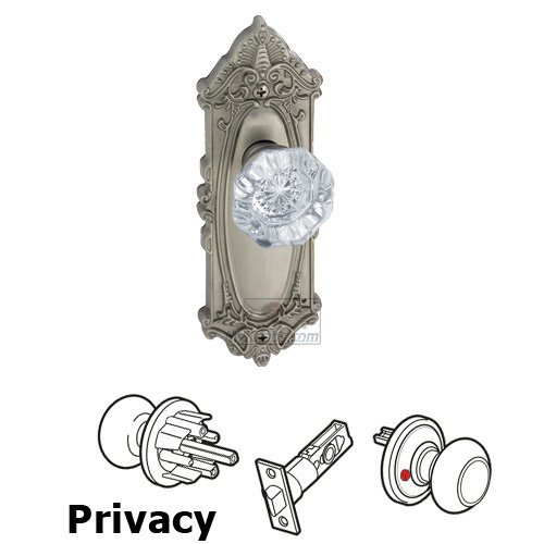 Grandeur Privacy Knob - Grande Victorian Plate with Chambord Crystal Door Knob in Satin Nickel