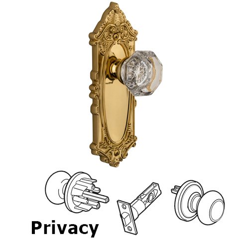 Grandeur Privacy Knob - Grande Victorian Plate with Chambord Crystal Door Knob in Polished Brass