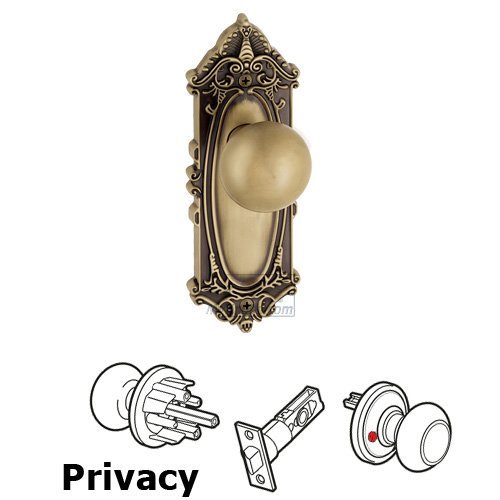 Grandeur Privacy Knob - Grande Victorian Plate with Fifth Avenue Door Knob in Vintage Brass