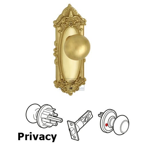 Grandeur Privacy Knob - Grande Victorian Plate with Fifth Avenue Door Knob in Polished Brass