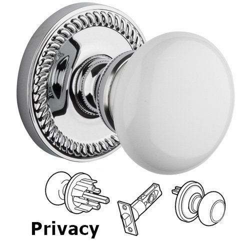 Grandeur Privacy Knob - Newport Rosette with Hyde Park White Porcelain Knob in Bright Chrome