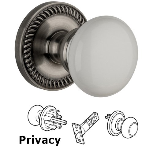 Grandeur Privacy Knob - Newport Rosette with Hyde Park White Porcelain Knob in Antique Pewter