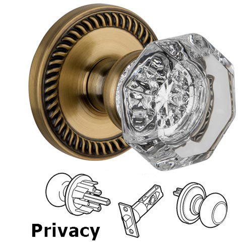 Grandeur Privacy Knob - Newport Rosette with Chambord Crystal Door Knob in Vintage Brass