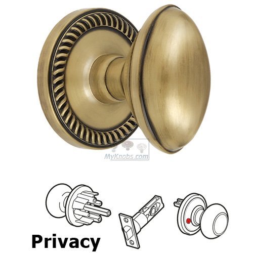 Grandeur Privacy Knob - Newport Rosette with Eden Prairie Door Knob in Vintage Brass