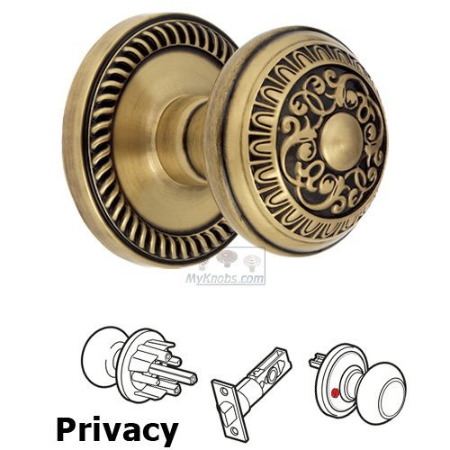 Grandeur Privacy Knob - Newport Rosette with Windsor Door Knob in Vintage Brass