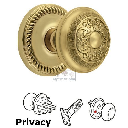 Grandeur Privacy Knob - Newport Rosette with Windsor Door Knob in Polished Brass