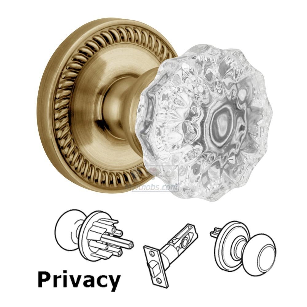 Grandeur Privacy Knob - Newport Rosette with Fontainebleau Crystal Door Knob in Vintage Brass