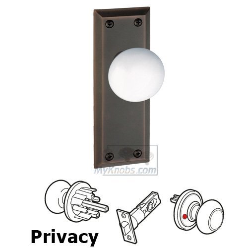 Grandeur Privacy Knob - Fifth Avenue Plate with Hyde Park White Porcelain Knob in Timeless Bronze
