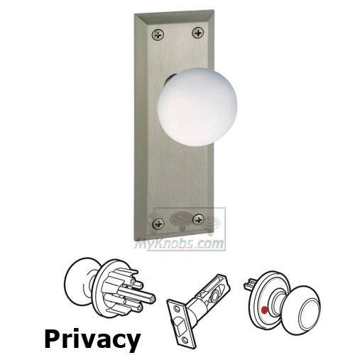Grandeur Privacy Knob - Fifth Avenue Plate with Hyde Park White Porcelain Knob in Satin Nickel