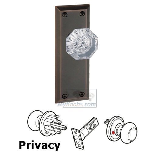 Grandeur Privacy Knob - Fifth Avenue Plate with Chambord Crystal Door Knob in Timeless Bronze