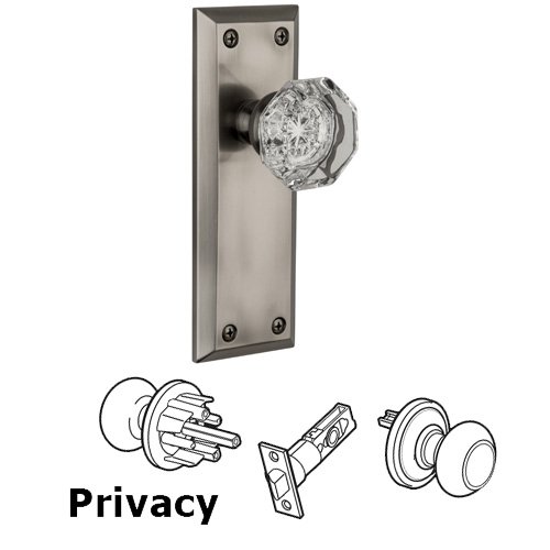 Grandeur Privacy Knob - Fifth Avenue Plate with Chambord Crystal Door Knob in Antique Pewter