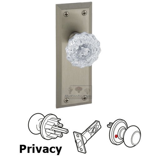 Grandeur Privacy Knob - Fifth Avenue Plate with Fontainebleau Crystal Door Knob in Satin Nickel