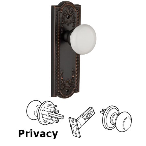 Grandeur Privacy Knob - Parthenon Plate with Hyde Park White Porcelain Knob in Timeless Bronze