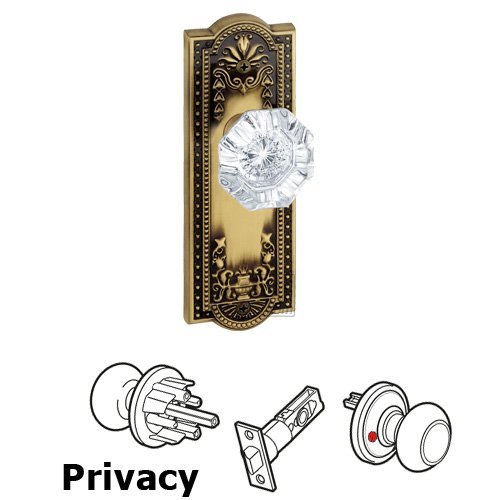 Grandeur Privacy Knob - Parthenon Plate with Chambord Crystal Door Knob in Vintage Brass