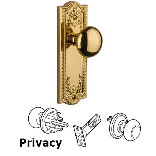 Grandeur Privacy Knob - Parthenon Plate with Fifth Avenue Door Knob in Polished Brass