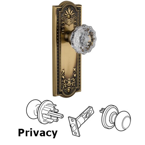 Grandeur Privacy Knob - Parthenon Plate with Fontainebleau Crystal Door Knob in Vintage Brass