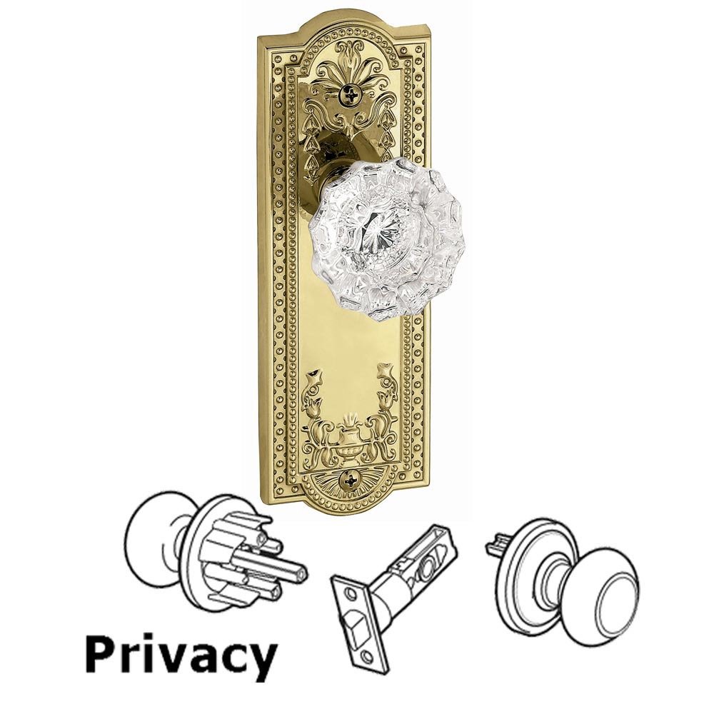 Grandeur Privacy Knob - Parthenon Rosette with Fontainebleau Crystal Door Knob in Polished Brass