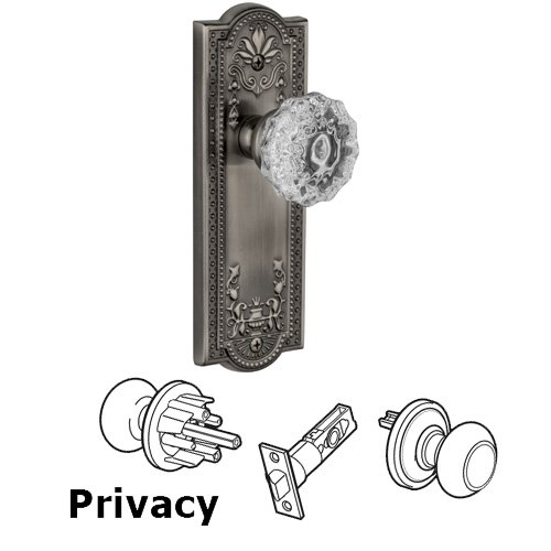 Grandeur Privacy Knob - Parthenon Plate with Fontainebleau Crystal Door Knob in Antique Pewter