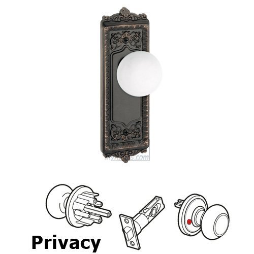 Grandeur Privacy Knob - Windsor Plate with Hyde Park White Porcelain Knob in Timeless Bronze