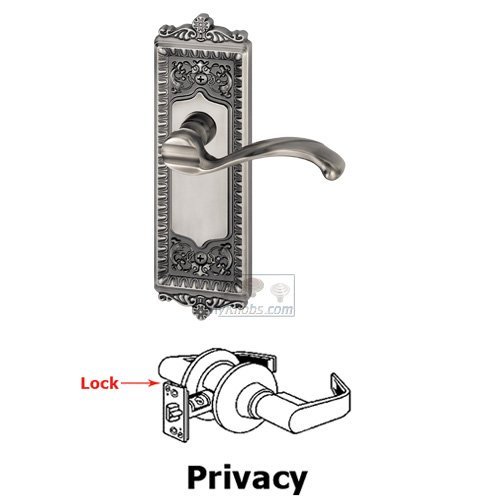 Grandeur Privacy Windsor Plate with Right Handed Portofino Door Lever in Antique Pewter
