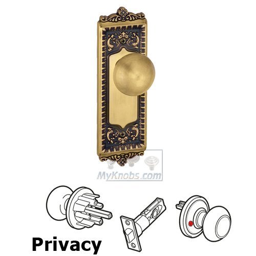 Grandeur Privacy Knob - Windsor Plate with Fifth Avenue Door Knob in Vintage Brass