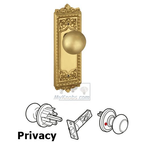 Grandeur Privacy Knob - Windsor Plate with Fifth Avenue Door Knob in Polished Brass