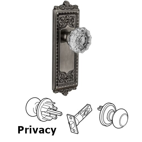 Grandeur Privacy Knob - Windsor Plate with Fontainebleau Crystal Door Knob in Antique Pewter