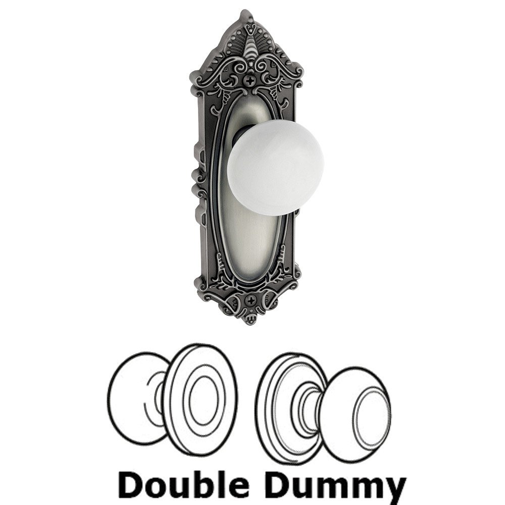Grandeur Double Dummy Knob - Grande Victorian Rosette with Hyde Park White Porcelain Knob in Antique Pewter