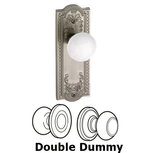 Grandeur Double Dummy Knob - Parthenon Plate with Hyde Park White Porcelain Knob in Satin Nickel