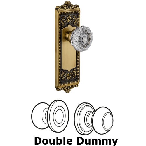 Grandeur Double Dummy Knob - Windsor Plate with Fontainebleau Crystal Door Knob in Vintage Brass