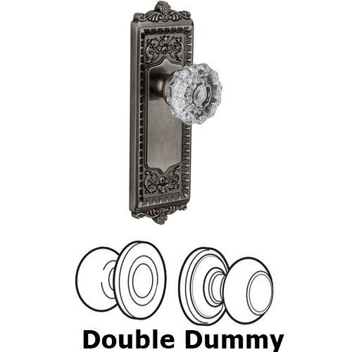 Grandeur Double Dummy Knob - Windsor Plate with Fontainebleau Crystal Door Knob in Antique Pewter