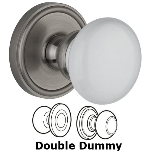 Grandeur Double Dummy Knob - Georgetown Rosette with Hyde Park White Porcelain Knob in Satin Nickel