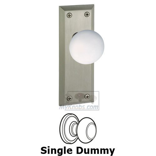 Grandeur Single Dummy Knob - Fifth Avenue Plate with Hyde Park White Porcelain Knob in Satin Nickel