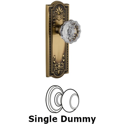 Grandeur Single Dummy Knob - Parthenon Plate with Fontainebleau Crystal Door Knob in Vintage Brass