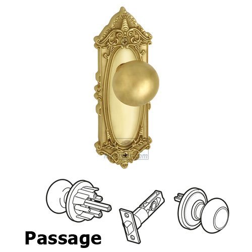 Grandeur Passage Knob - Grande Victorian Plate with Fifth Avenue Door Knob in Polished Brass