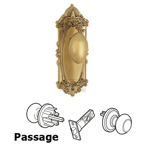 Grandeur Passage Knob - Grande Victorian Plate with Eden Prairie Door Knob in Polished Brass