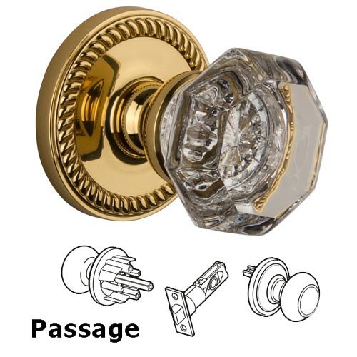 Grandeur Passage Knob - Newport Rosette with Chambord Crystal Door Knob in Polished Brass