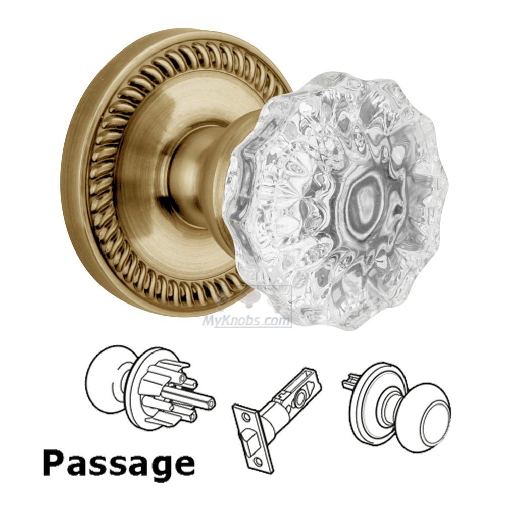 Grandeur Passage Knob - Newport Rosette with Fontainebleau Crystal Door Knob in Vintage Brass