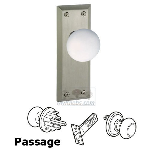 Grandeur Passage Knob - Fifth Avenue Plate with Hyde Park White Porcelain Knob in Satin Nickel