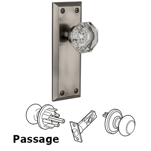 Grandeur Passage Knob - Fifth Avenue Plate with Chambord Crystal Door Knob in Antique Pewter