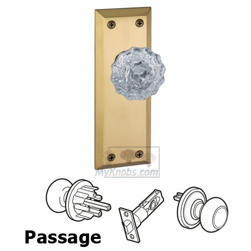 Grandeur Passage Knob - Fifth Avenue Plate with Fontainebleau Crystal Door Knob in Vintage Brass