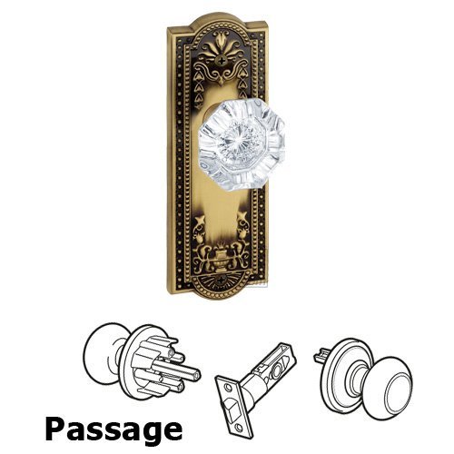 Grandeur Passage Knob - Parthenon Plate with Chambord Crystal Door Knob in Vintage Brass