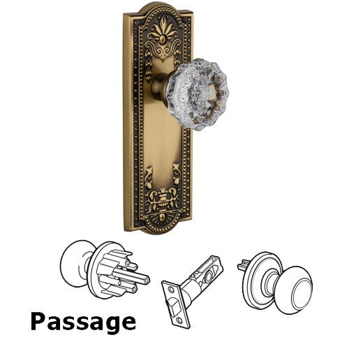 Grandeur Passage Knob - Parthenon Plate with Fontainebleau Crystal Door Knob in Vintage Brass