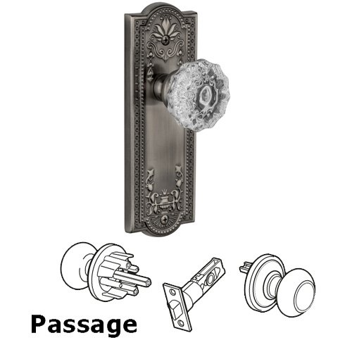 Grandeur Passage Knob - Parthenon Plate with Fontainebleau Crystal Door Knob in Antique Pewter