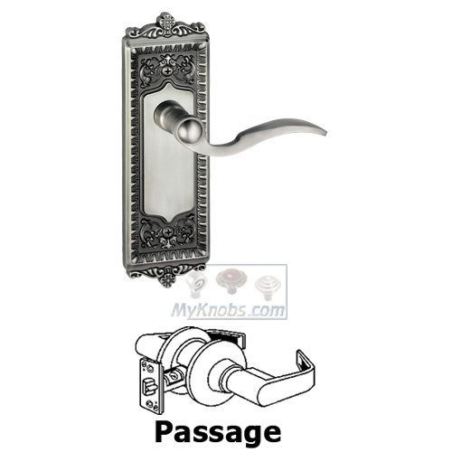 Grandeur Passage Windsor Plate with Right Handed Bellagio Door Lever in Antique Pewter