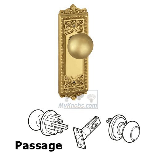 Grandeur Passage Knob - Windsor Plate with Fifth Avenue Door Knob in Polished Brass