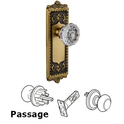 Grandeur Passage Knob - Windsor Plate with Fontainebleau Crystal Door Knob in Vintage Brass